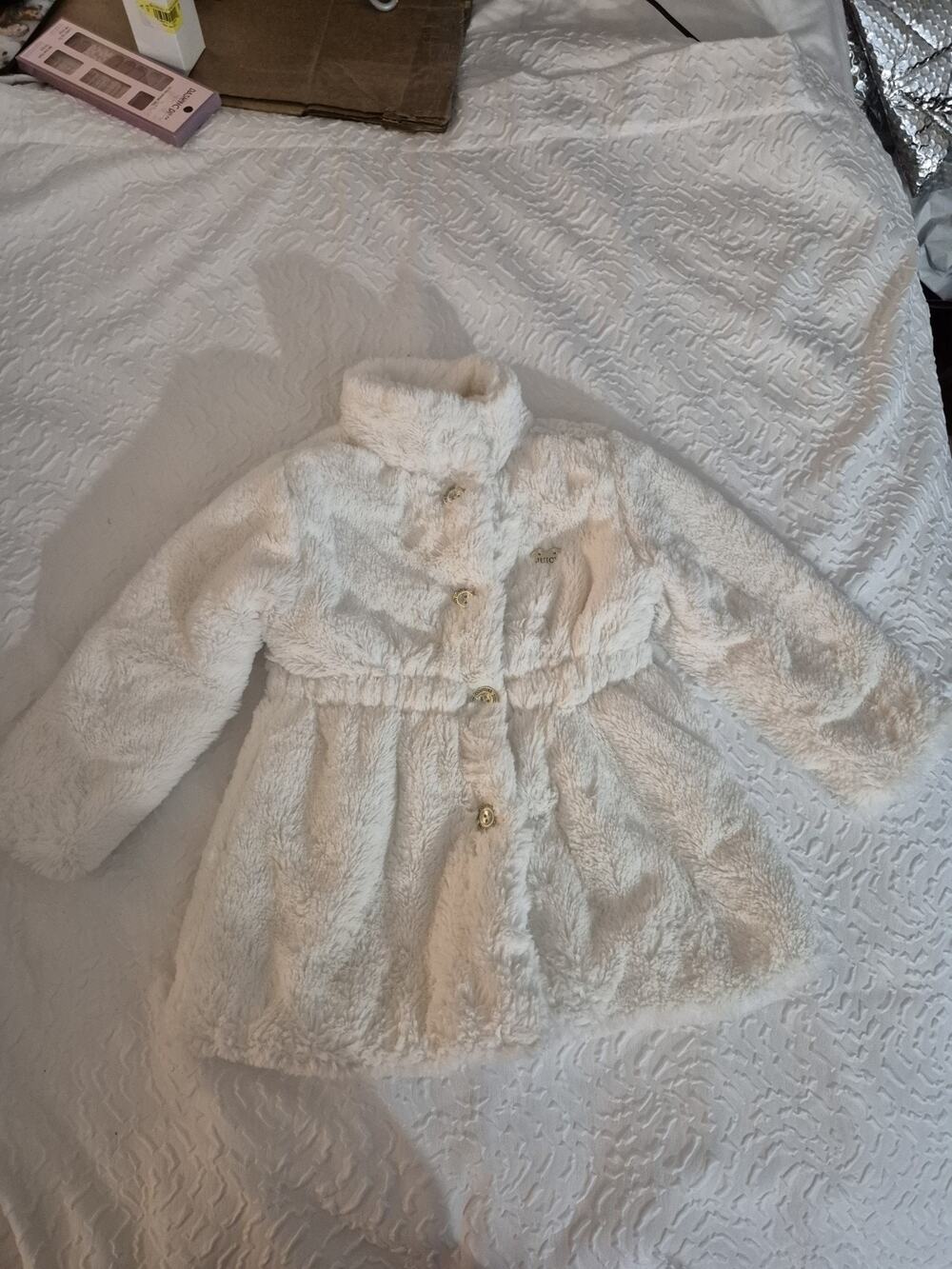 💥 Juicy Couture Girls Jacket Coat Kids Size 4t White Faux Fur Button Chic D2